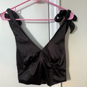 Black Satin Tie-Shoulder Top